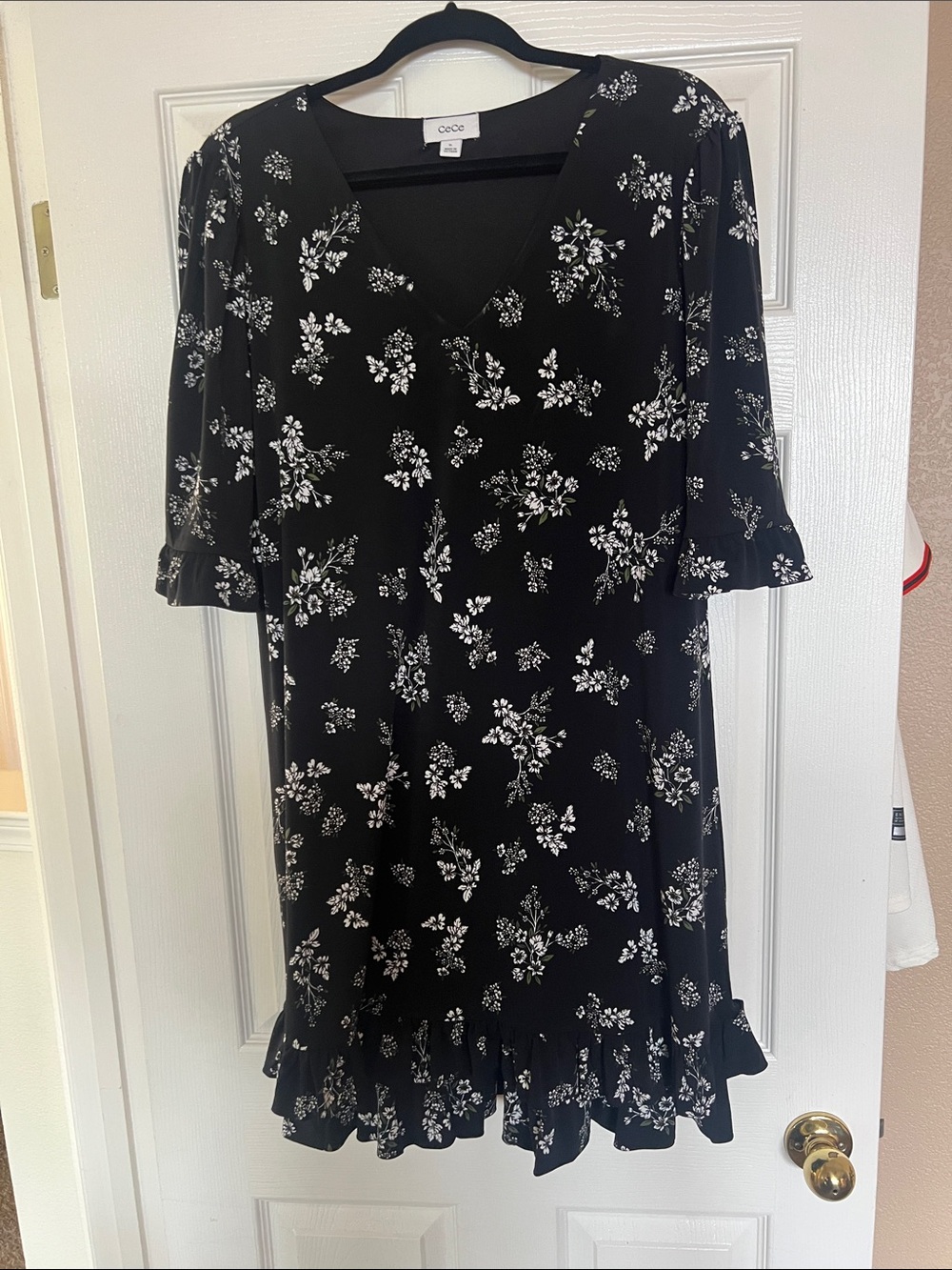 CeCe Black Floral V-Neck Ruffle-Hem Midi Dress